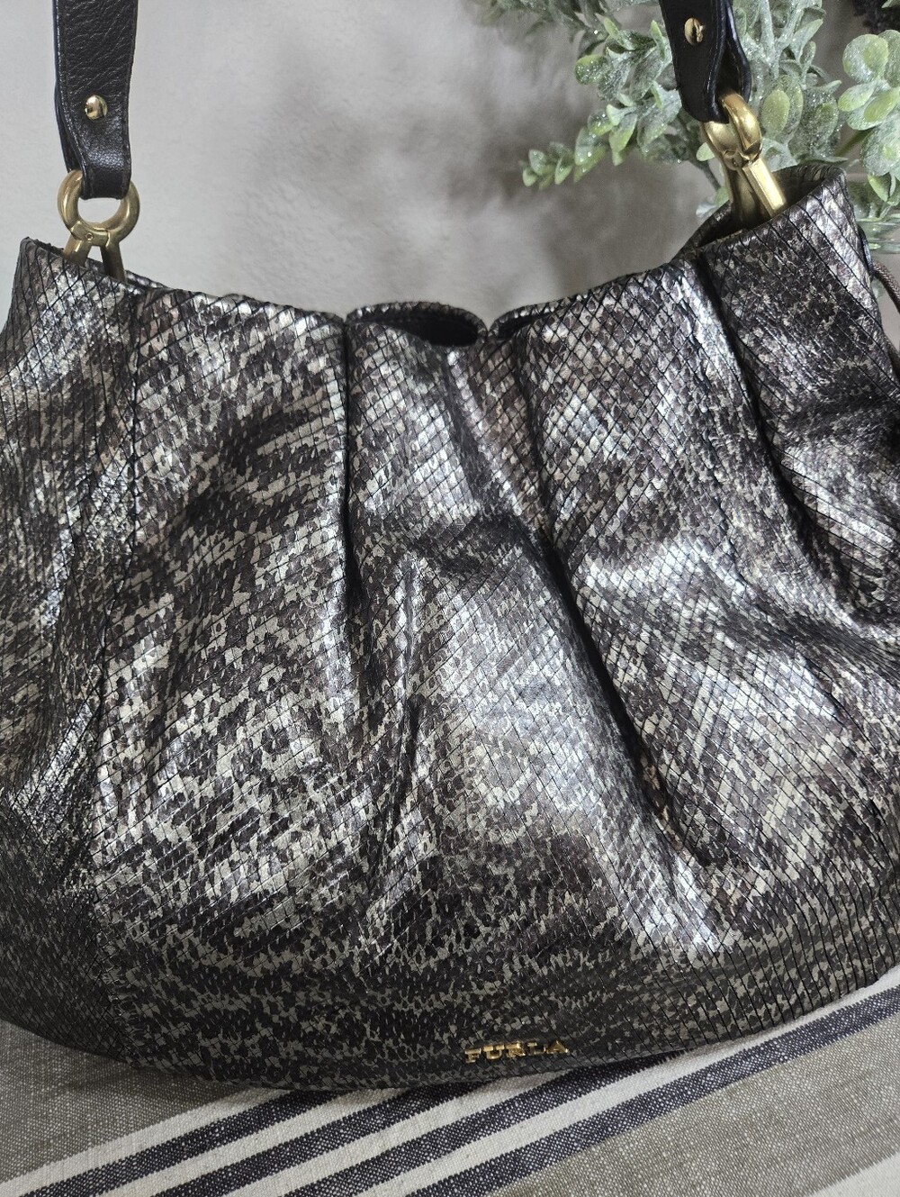 Vintage Furla Metallic Python Embossed Leather Large Hobo Shoulder Bag - Picture 5 of 13